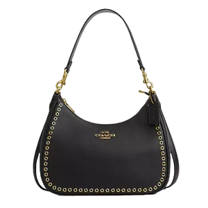 A black leather hobo bag from Coach Outlet with gold eyelet detailing, featuring a zippered top, adjustable strap, and signature Coach tag.