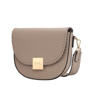 A taupe crossbody bag with a flap closure, decorative stitching, gold hardware, and a square gold plaque reading \“MIA K. COLLECTION.\“