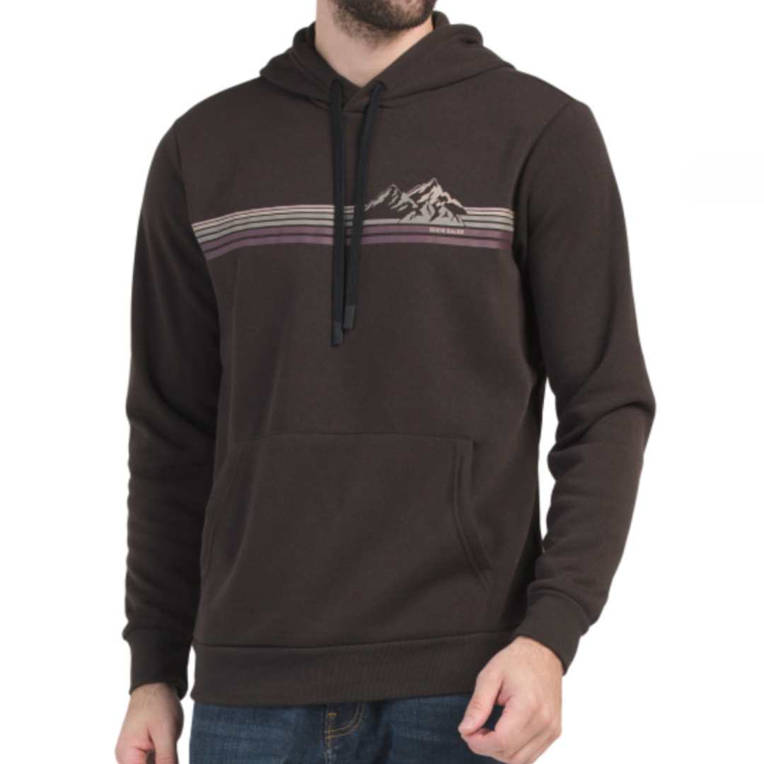 Eddie Bauer Trails Hoodie features a dark fabric with a mountain design and horizontal stripes across the chest, equipped with a drawstring hood and a front kangaroo pocket, suitable for casual wear.