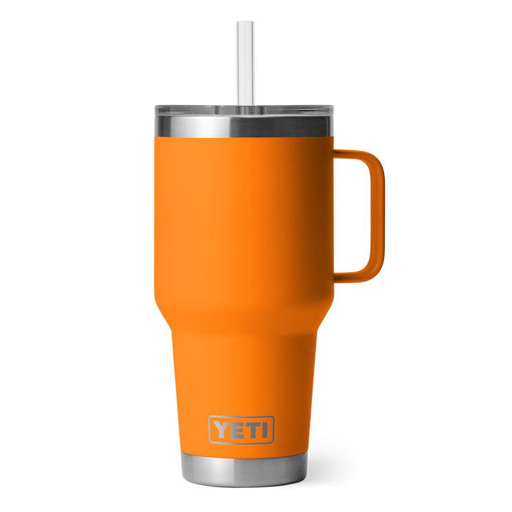 Yeti Orange 35oz Insulated Straw Mug with a single handle, stainless steel rim, and clear straw; features a vibrant orange color and a durable, double-wall design for temperature retention.
