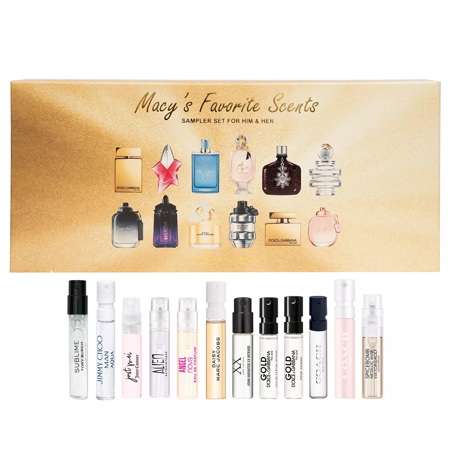 Macy's Favorite Scents sampler set features assorted mini bottles of perfumes and colognes for both men and women, including brands like Dolce & Gabbana, Jimmy Choo, and Coach.