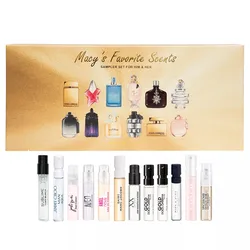Macy's Favorite Scents sampler set features assorted mini bottles of perfumes and colognes for both men and women, including brands like Dolce & Gabbana, Jimmy Choo, and Coach.