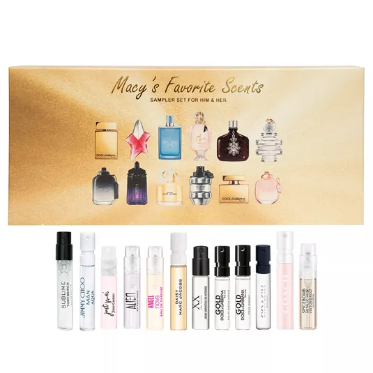 Macy's Favorite Scents sampler set features assorted mini bottles of perfumes and colognes for both men and women, including brands like Dolce & Gabbana, Jimmy Choo, and Coach.