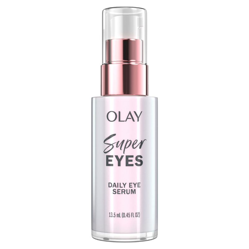 Olay Super Eyes Daily Eye Serum is a 13.5 mL (0.45 FL OZ) eye serum with a pump dispenser, designed to be used daily for eye care.