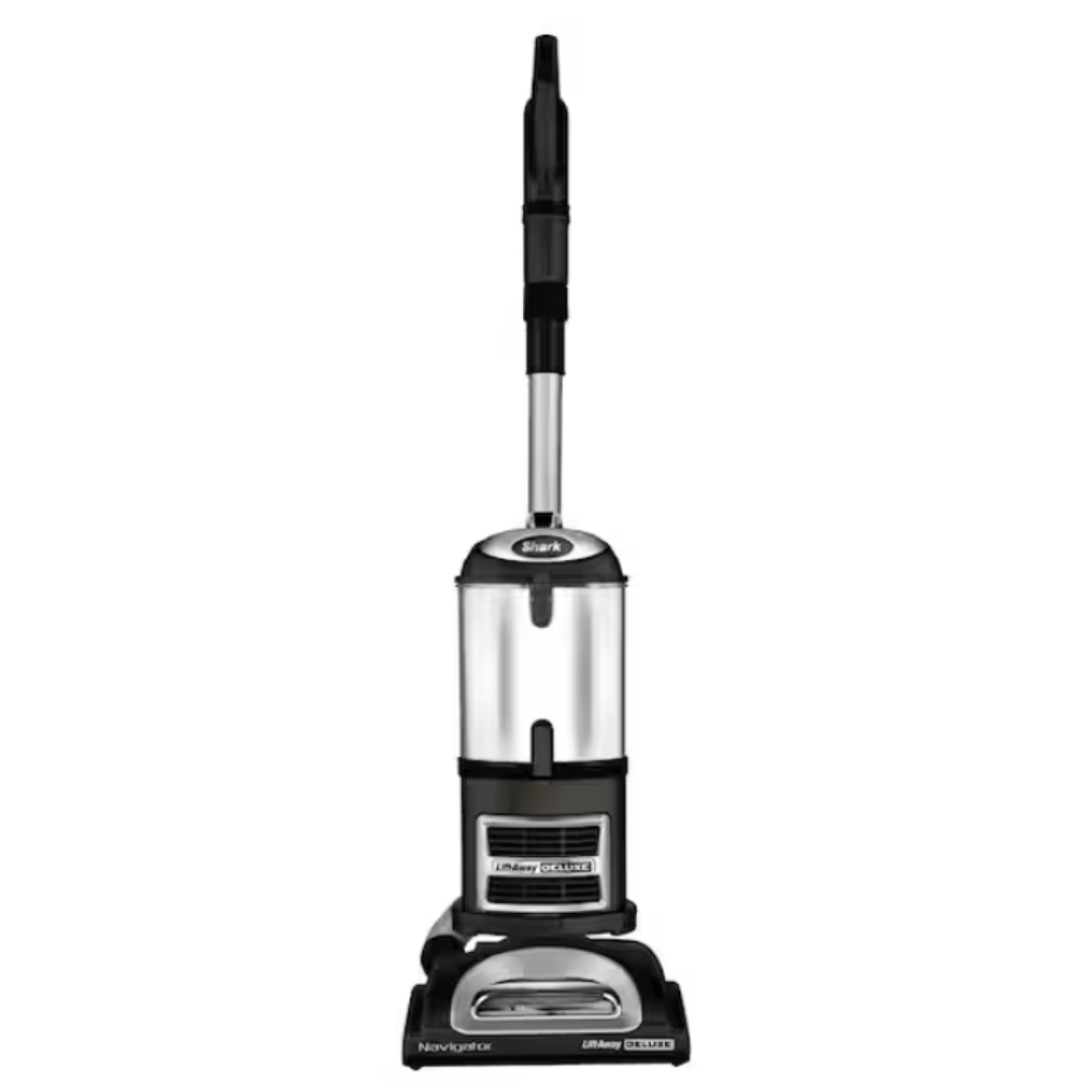 Shark Navigator Lift-Away Deluxe upright vacuum cleaner with a detachable canister for portable cleaning and a sleek black and silver design.