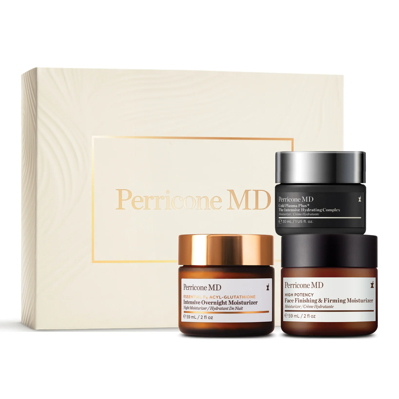 Perricone MD skincare set includes three moisturizers: Cold Plasma Plus+ Intensive Hydrating Complex (30 ml), Essential Fx Acyl-Glutathione Intensive Overnight Moisturizer (59 ml), and High Potency Face Firming & Finishing Moisturizer (59 ml).