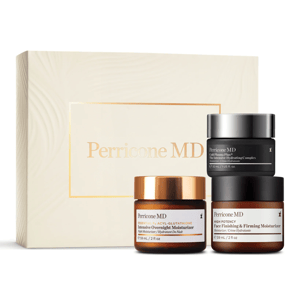 Perricone MD skincare set includes three moisturizers: Cold Plasma Plus+ Intensive Hydrating Complex (30 ml), Essential Fx Acyl-Glutathione Intensive Overnight Moisturizer (59 ml), and High Potency Face Firming & Finishing Moisturizer (59 ml).
