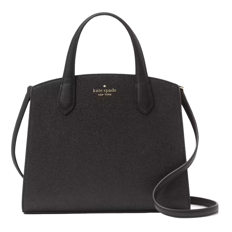 A black Kate Spade New York handbag with dual top handles and a shoulder strap, featuring a structured design and the brand's logo in gold lettering on the front.