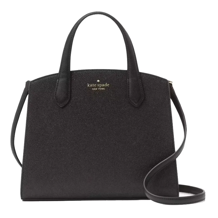 A black Kate Spade New York handbag with dual top handles and a shoulder strap, featuring a structured design and the brand's logo in gold lettering on the front.