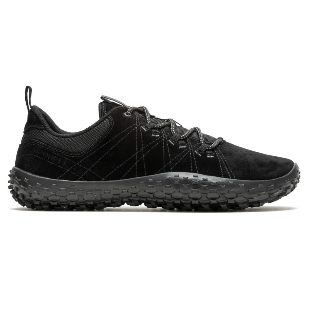 A black trail shoe with a rugged sole designed for enhanced grip and durability, featuring a lace-up design and reinforcing stitching for outdoor activities.