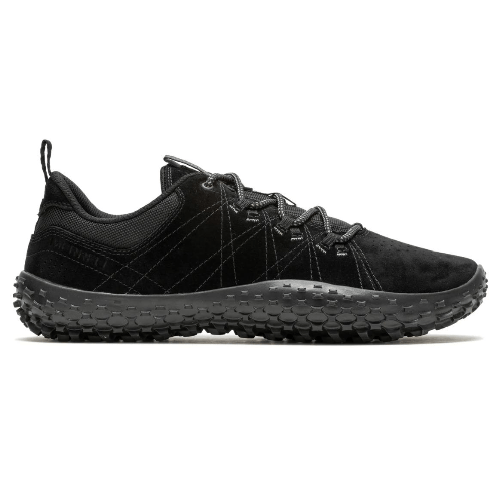 A black trail shoe with a rugged sole designed for enhanced grip and durability, featuring a lace-up design and reinforcing stitching for outdoor activities.