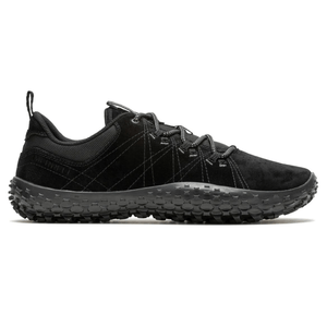 A black trail shoe with a rugged sole designed for enhanced grip and durability, featuring a lace-up design and reinforcing stitching for outdoor activities.