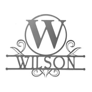 A decorative metal sign featuring the letter \“W\“ inside a circle and the name \“Wilson\“ in stylized font, embellished with ornamental flourishes.