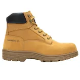 A tan, high-top work boot with a black padded collar, gold eyelets, and \“Wolverine\“ branding on the side.