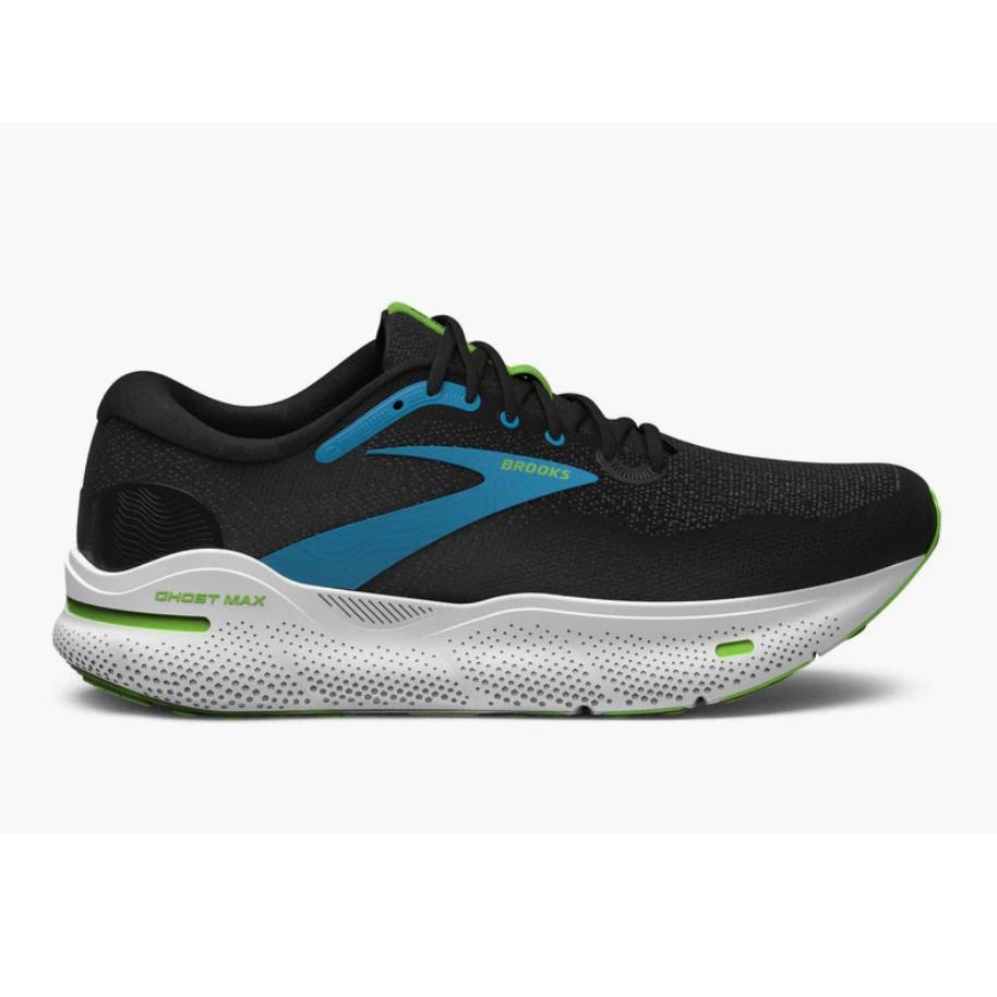 Black Brooks running shoe with blue and green accents and \“GHOST MAX\“ text on the side.