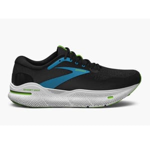 Black Brooks running shoe with blue and green accents and \“GHOST MAX\“ text on the side.