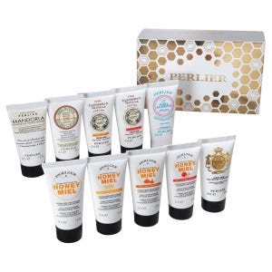 Perlier hand cream set with 10 scents: Mandorla, Shea Butter, Caribbean Vanilla, White Almond, Honey Miel, and others. Each tube is 30ml, packaged in a hexagonally patterned box.