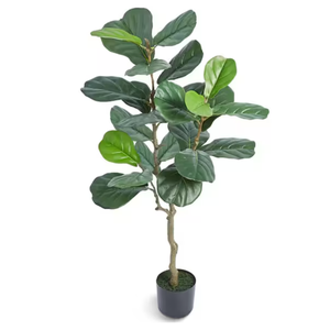A faux fiddle leaf fig tree in a plain black pot.