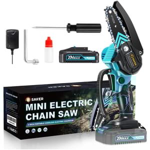 Mini electric chainsaw kit including a 4-inch cordless chainsaw, 20V lithium battery, charger, screwdriver, wrench, and oil bottle, packaged in a box.