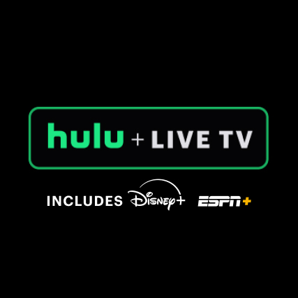 Hulu's logo with an addition of \“Live TV\“ and notes that it includes Disney+ and ESPN+.