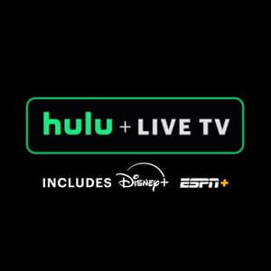 Hulu's logo with an addition of \“Live TV\“ and notes that it includes Disney+ and ESPN+.
