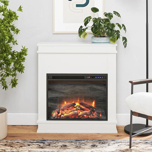 The Tereza 29.7\“W Electric Fireplace features a sleek, white mantle with a realistic, glowing log display. It includes a digital control panel and is surrounded by contemporary decor and greenery, fitting well in modern living spaces.
