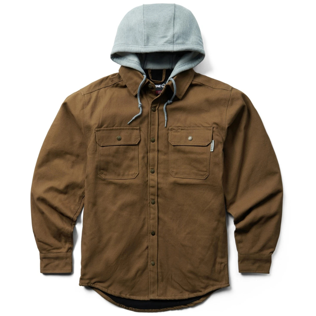 A brown button-up shirt-jacket with chest pockets, featuring a gray hood with drawstrings for a casual look.