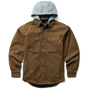A brown button-up shirt-jacket with chest pockets, featuring a gray hood with drawstrings for a casual look.