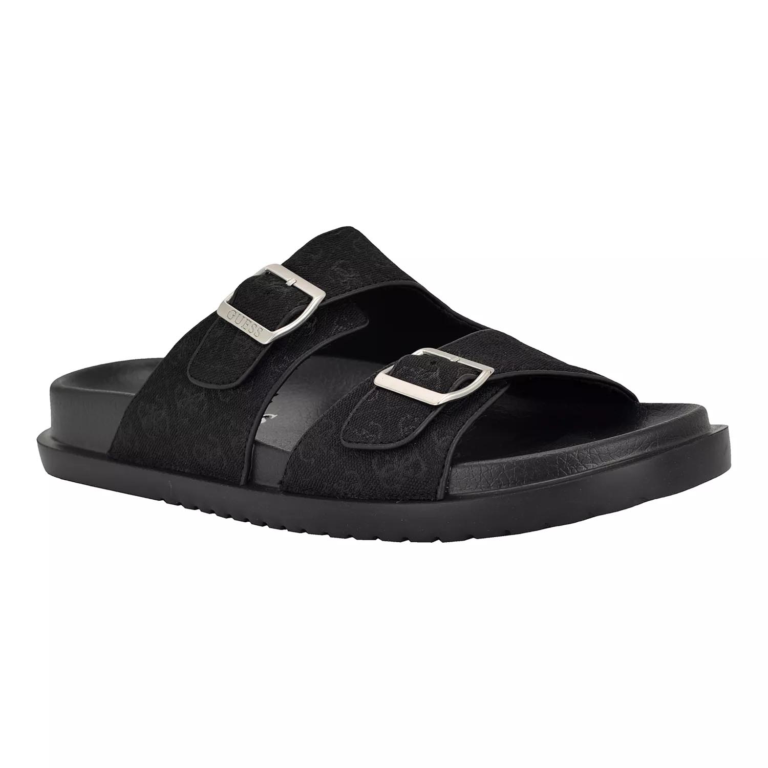 Black slide sandal with two adjustable straps featuring silver buckles.
