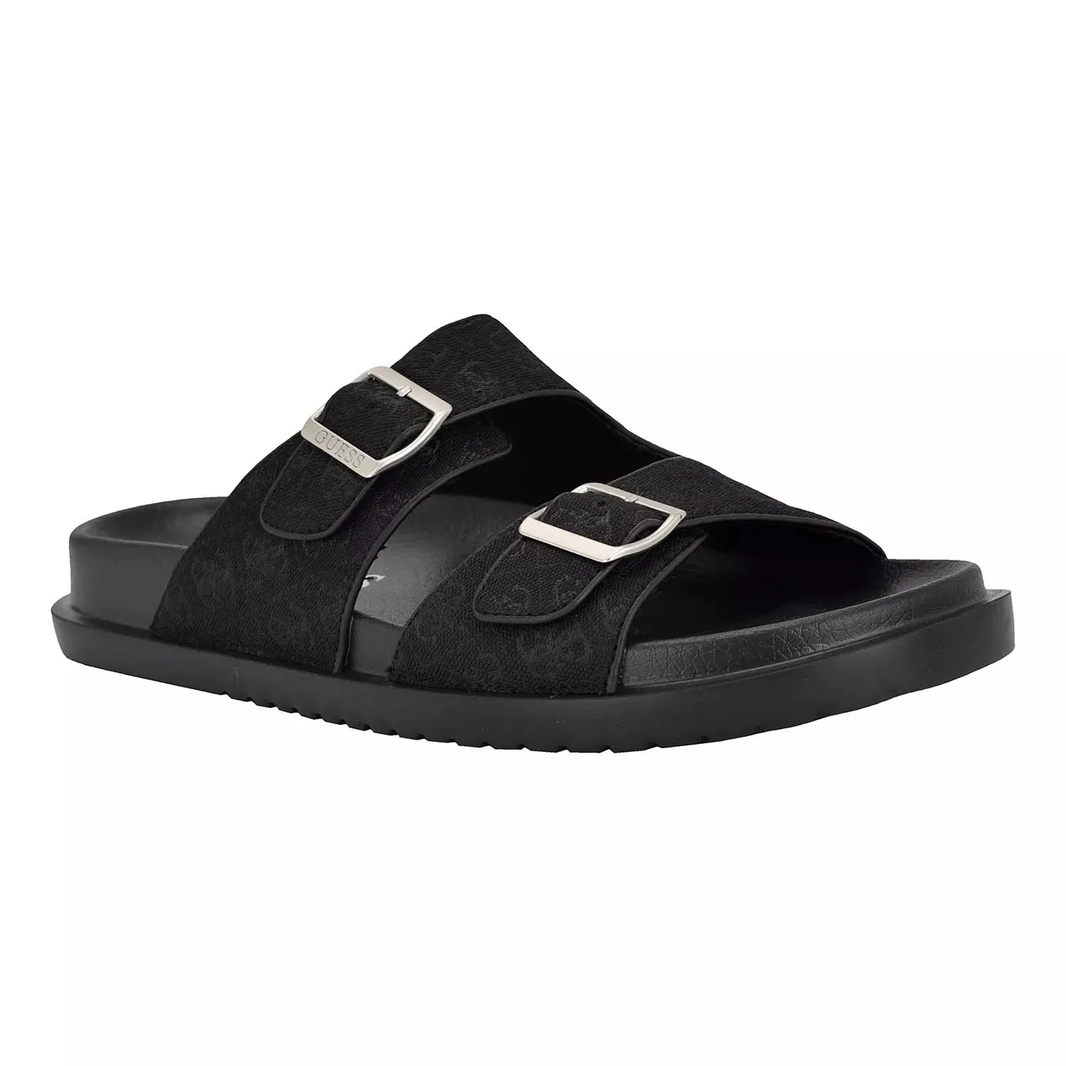 Black slide sandal with two adjustable straps featuring silver buckles.