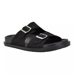 Black slide sandal with two adjustable straps featuring silver buckles.