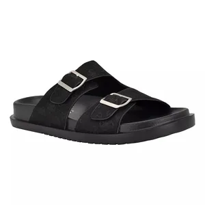 Black slide sandal with two adjustable straps featuring silver buckles.