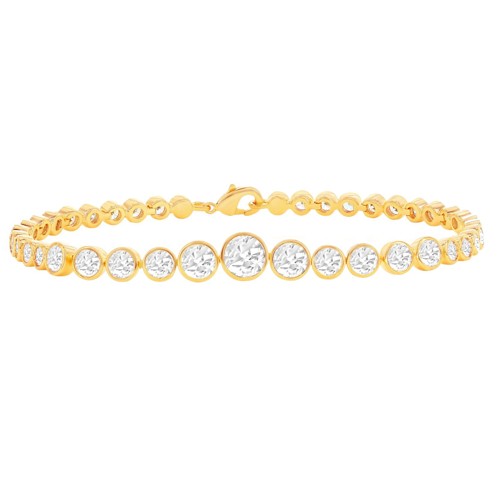 A gold bracelet featuring a series of round, white stones set in bezel settings, secured with a lobster clasp.