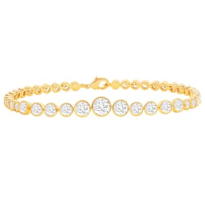 A gold bracelet featuring a series of round, white stones set in bezel settings, secured with a lobster clasp.