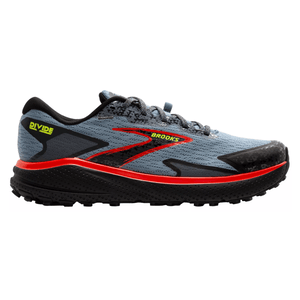 A Brooks running shoe with a gray mesh upper, black and red accents, and the \“Divide\“ name on the heel.