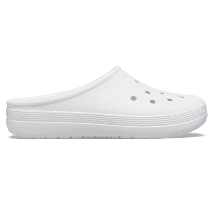A white slip-on clog with ventilation holes, featuring a textured sole for added grip.