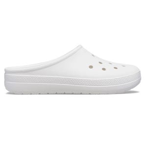 A white slip-on clog with ventilation holes, featuring a textured sole for added grip.