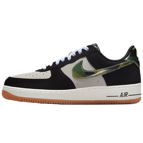 Nike Air Force 1 sneaker featuring a black, gray, and white color scheme with a camo-patterned Nike swoosh and gum sole.