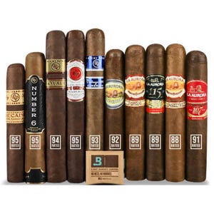 A selection of cigars with ratings displayed: 95, 94, 95, 95, 93, 92, 89, 89, 88, and 91. Includes a humidity control pack.