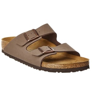 The Birkenstock Men's Arizona Sandals feature a brown two-strap design with adjustable buckles, a cork footbed, and a durable sole, offering comfort and support.