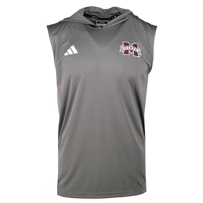 Gray Adidas sleeveless hoodie featuring the Mississippi State logo on the chest and the Adidas logo on the opposite side.