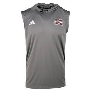 Gray Adidas sleeveless hoodie featuring the Mississippi State logo on the chest and the Adidas logo on the opposite side.