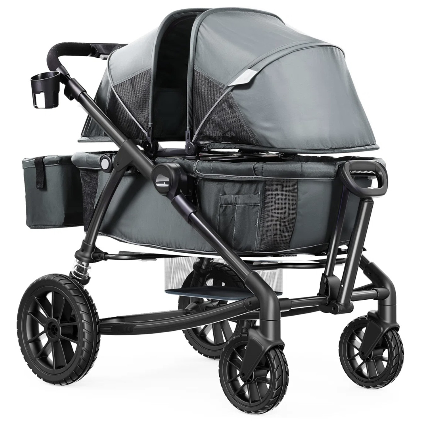 A double stroller with two covered seats, equipped with a cup holder and storage compartments, designed for carrying twins or siblings.