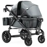 A double stroller with two covered seats, equipped with a cup holder and storage compartments, designed for carrying twins or siblings.