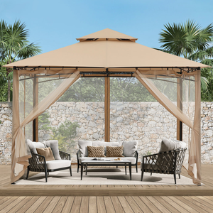 11\“ steel gazebo features a tan canopy roof, mesh curtains for ventilation, and outdoor seating including a sofa and two chairs with cushions, arranged around a coffee table on a wooden deck.