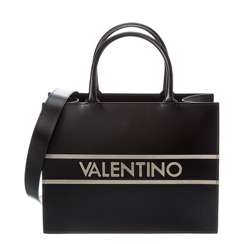 Black leather handbag with a detachable strap and the Valentino logo printed in white, flanked by two horizontal stripes.