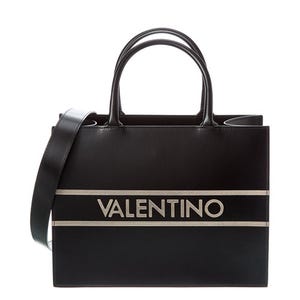 Black leather handbag with a detachable strap and the Valentino logo printed in white, flanked by two horizontal stripes.