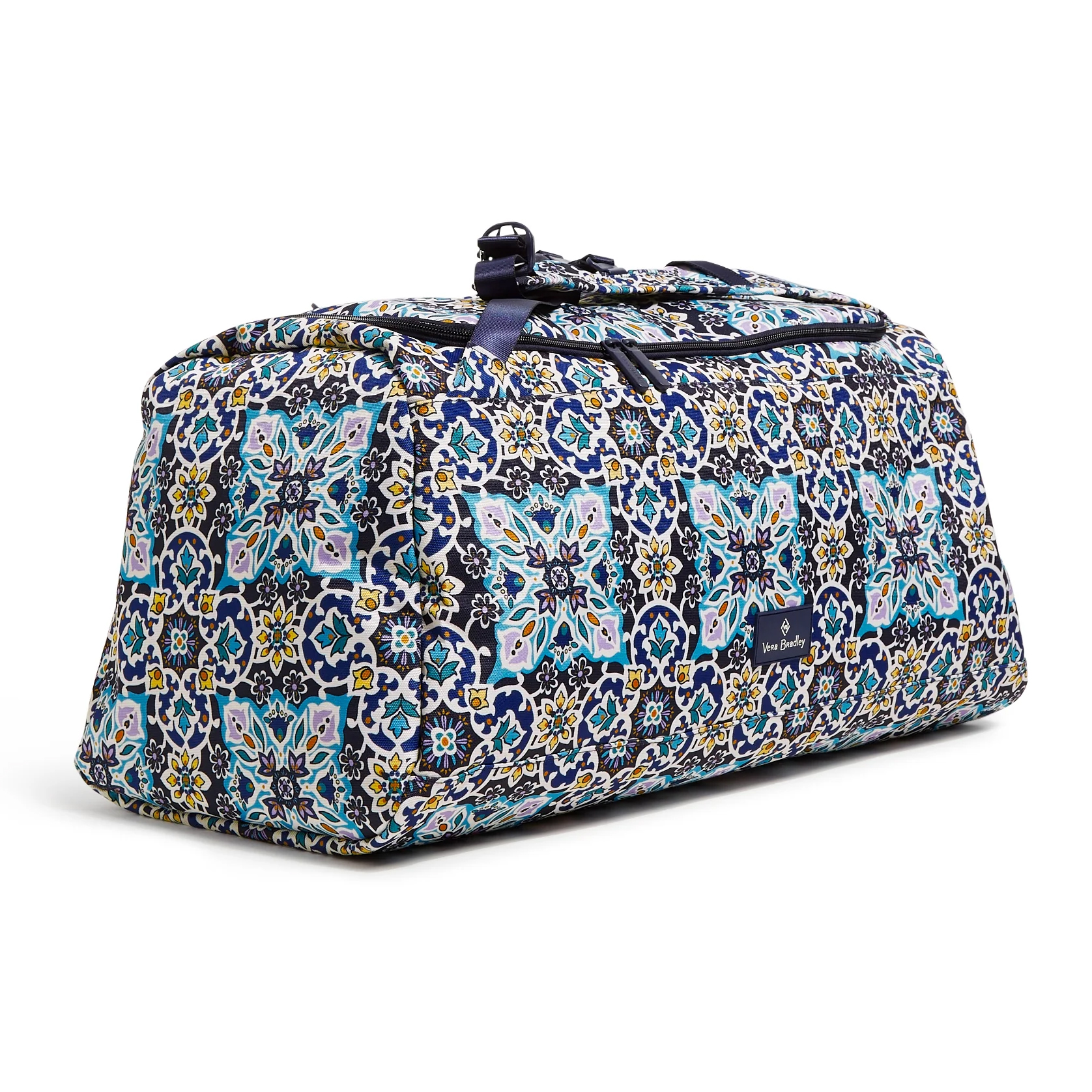 A Vera Bradley duffel bag with a blue and yellow floral pattern.