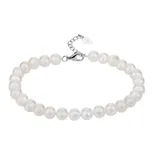 A pearl bracelet with a lobster clasp and extender chain, featuring uniformly sized white pearls.