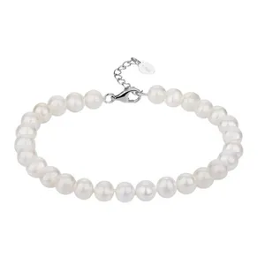 A pearl bracelet with a lobster clasp and extender chain, featuring uniformly sized white pearls.